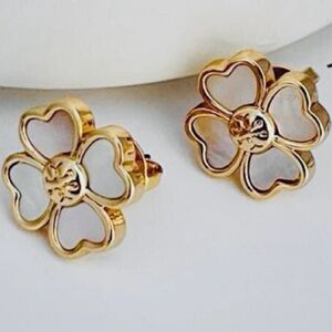 TORY BURCH KIRA GOLD LOGO MOTHER OF PEARL FLOWER EARRINGS